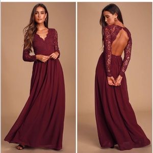 Lulu’s Awaken My Love Lace Chiffon Maxi Dress - Burgundy